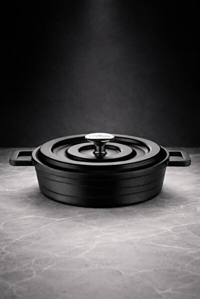 LAVONNI Elexsus 26 cm Cast Granite Flat Pot Non-Stick with Black Cast Iron Lid