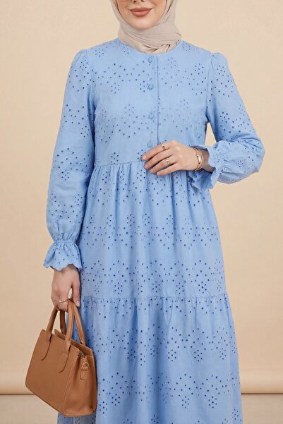 Modamorfo Half-Buttoned Lace Detailed Robadan Dress -Blue