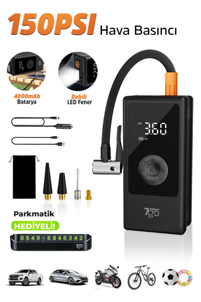 7GO 7A3 Hava Pompası & Powerbank | 150 PSI Ultra Basınç, LED Işıklı, LCD Ekra...