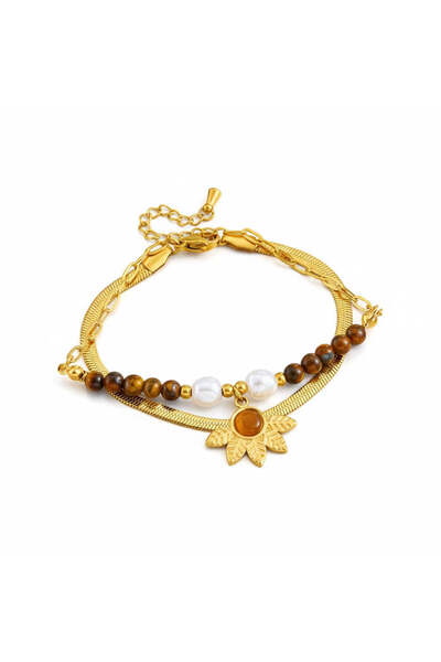 Pursehuit Brățară aurie, din oțel inoxidabil, cu mărgele și perle maro, Emeri...