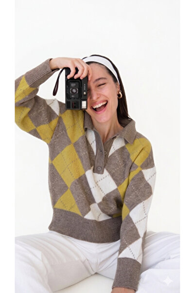 Butik Una Fiaba Vizon Rengi Yumuşak Dokulu Baklava Desenli Triko Polo Yaka Kazak