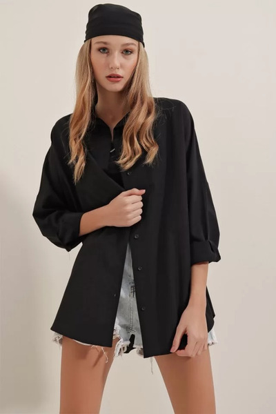 Kanonik Education Black Oversized Long Basic Shirt 3900