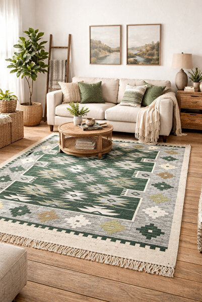 OEM Covor tradițional, dimensiune 200 x 300 cm, verde și crem, model RUSTIC