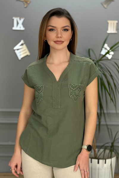 Bİ.GİYSEN Γυναικείο πουκάμισο με κοντό μανίκι από λινό ύφασμα με πράσινο ώμο ...