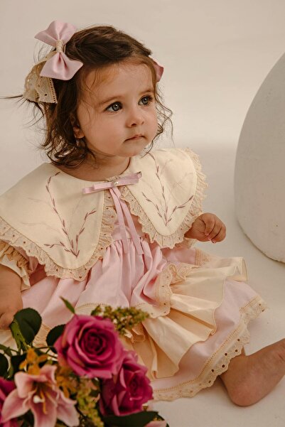 Arazretrobaby Toz Pembe İspanyol Model Kız Bebek Retro Tarz Nakışlı Kız Bebek...