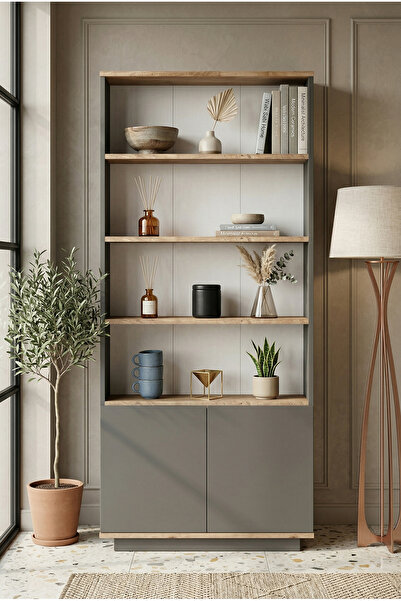 Robin Home Loft Kitaplık Raf 2 Kapaklı Raflı 168cm Çam-Antrasit