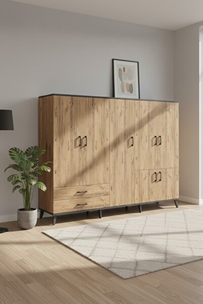 Dienni Hyperion Dolap 12 Raflı 2 Çekmeceli 7 Kapaklı 220x44x163 Antrasit-Çam
