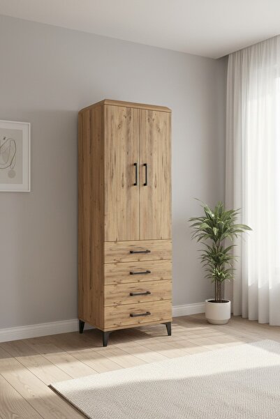 Dienni Arges Dolap 3 Raflı 4 Çekmeceli 2 Kapaklı 60x30x182 Çam-Çam