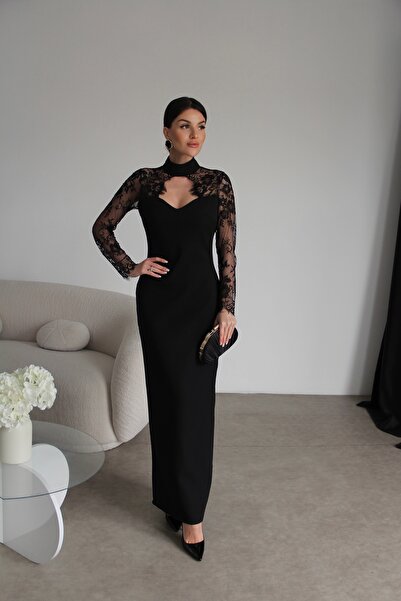 Julidress Transparan Dantel Detaylı Maxi Uzun Boy Premium Siyah Elbise