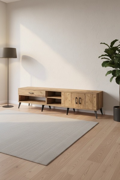 Dienni Arges TV Ünitesi 2 Raflı Tek Çekmeceli 2 Kapaklı 220x30x51 Çam-Çam