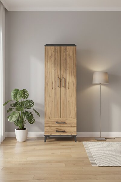 Dienni Arges Dolap 2 Raflı 2 Çekmeceli Tek Askılı 60x30x182 Antrasit-Çam