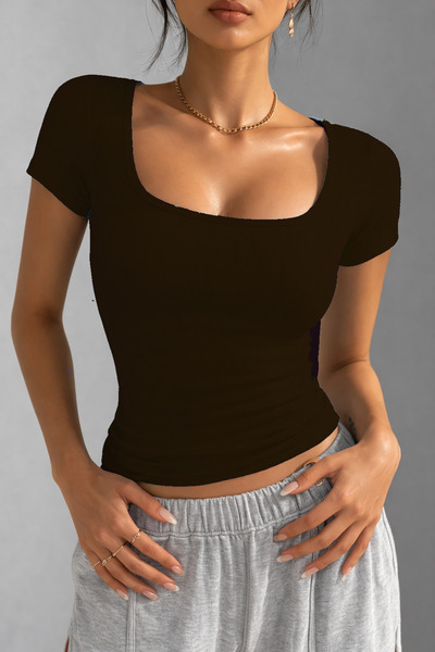 Lenezza Women's Camisole Fabric Pool Collar Coffee Color Basic Top Bluz