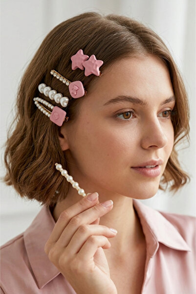 PETEK AKSESUAR Σετ αγκράφες 5 τεμαχίων με μαργαριταρένια καρδιά αρκουδάκι ροζ