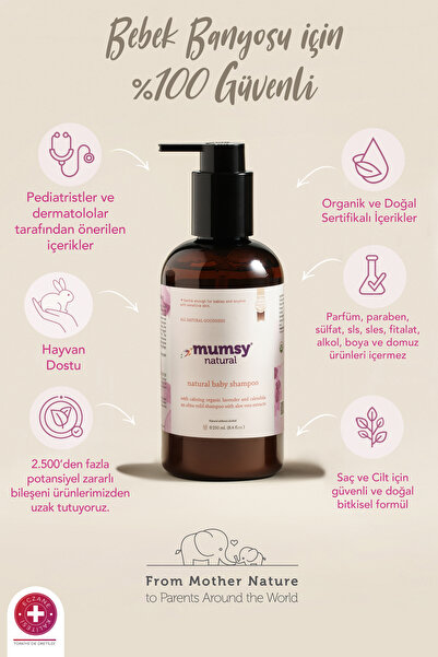 Mumsy Natural Göz Yakmayan, Kolay Taranan Bebek Saç ve Vücut Şampuanı, Organik Bitkisel Formül, 250 Ml.