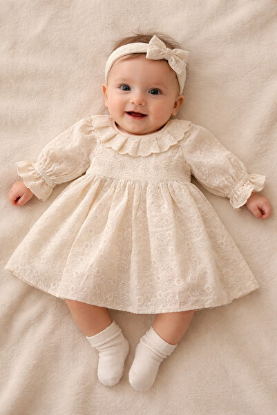 MİNİKİNCİBABY Victoria Embroidered Piece Baby Girl Cream Dress