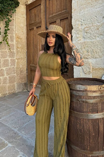 ARK MAĞAZALARI Halter Neck Crop Trousers Set Women's Stylish Summer Ribbed
