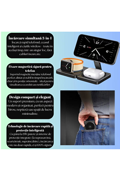 2AMNOVA Încărcător Wireless 3 în 1, 15W, Pliabil, Suport Magnetic de Birou, Compatibil iPhone, Apple