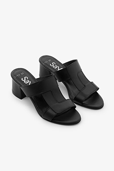 SAYL Чорні жіночі капці з натуральної шкіри на підборах з ремінцем