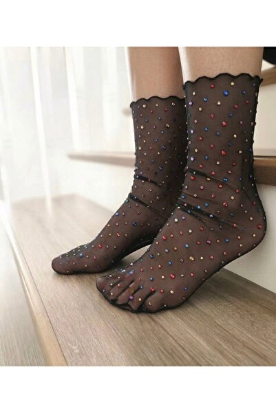 DİLARRA Boutique Rengarenk Pullu Siyah Tül Çorap