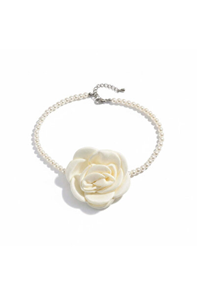 Pursehuit Colier tip choker, cu perle și floare albă ca untul, Bedine C14
