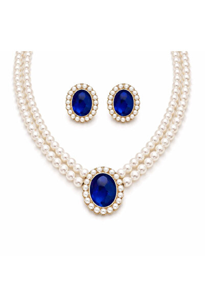 Pursehuit Set colier și cercei, auriu, cu perle și pietre albastre, Osar C5