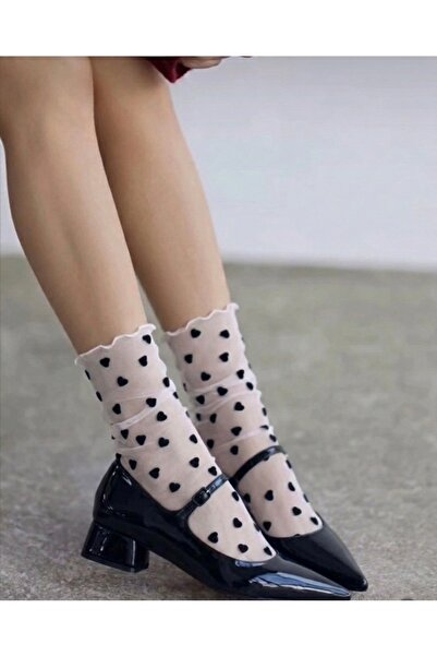DİLARRA Boutique Siyah Kalp Desenli Beyaz Tül Çorap