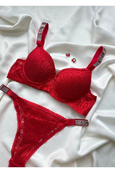 İNKO İÇ GİYİM Red Padded Bra and Thong Set