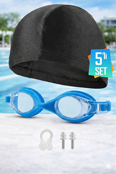 EvRossa طقم سباحة مكون من 5 قطع - نظارات + قبعة سباحة + سدادات للأذن والأنف
