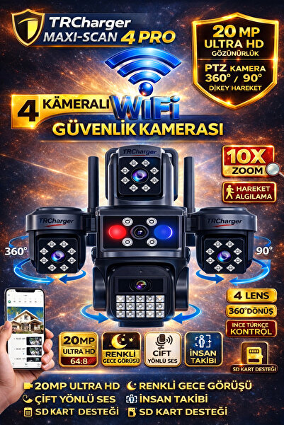 TRCharger 4 Kameralı 8MP WiFi Full HD 4K PTZ HiEasy Gece Görüş Çift Yönlü Ses...