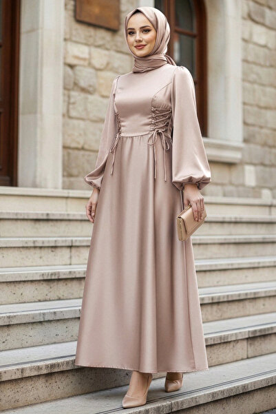 N.S NEVA STYLE - Rochie de seara din satin bej cu maneci balon 61501BEJ