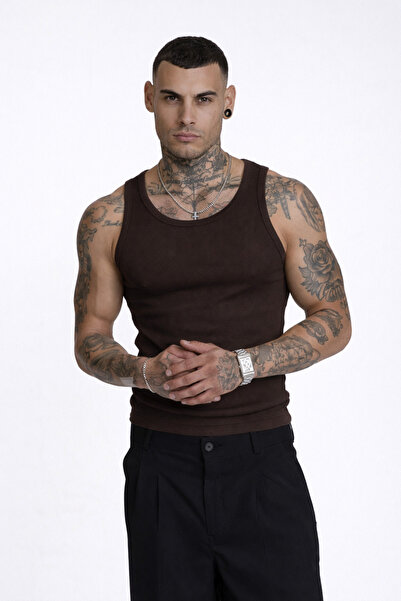 İLKCET MODA قميص رياضي رجالي مرن بقصة ضيقة ونسيج مضلع فاخر بلون بني