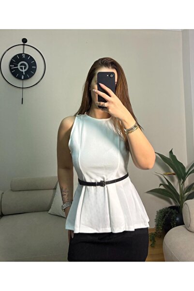 ecemce butik Sıfır Kol Bele Oturan Pileli Beyaz Bluz
