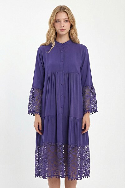 bacc Mor Tül Detaylı Uzun Boy Dokuma Viscon Elbise