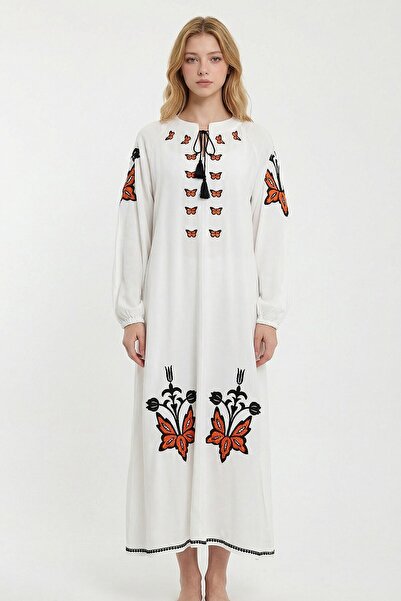bacc Women's White Embroidered Long Length Woven Dress Bcvl- 241026