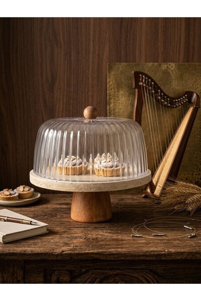 FARALYAHOME SUNUMLUK DOĞAL TRAVERTEN MERMER KEK STANT NATUREL AYAKLI FANUSLU ...