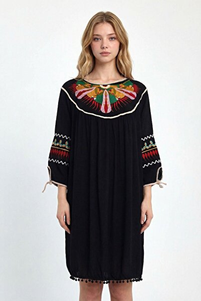 bacc Μαύρο Κεντημένο Φόρεμα από Βισκόζη P Με φούντες D Υφαντό