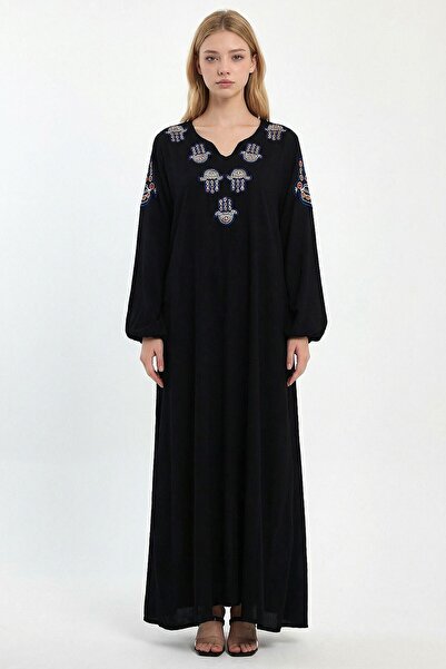 loia Γυναικείο μαύρο κεντημένο φόρεμα μάξι με υφαντό βισκόζη κομψό φόρεμα L26...