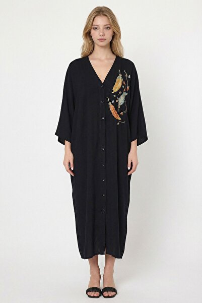 loia Women's Black Embroidered Maxi Length Woven Viscose Stylish Dress L26-Bc...