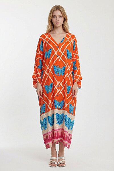 loia Women's Orange V-Neck Floral Patterned Long Length Woven Shirt Stylish D...