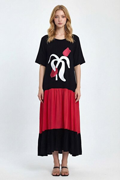 loia Γυναικείο φούξια κεντημένο φόρεμα μάξι με υφαντό βισκόζη κομψό φόρεμα L2...