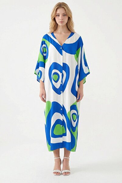 loia Γυναικείο φόρεμα με πράσινο στάμπα, μάξι μήκους, υφαντό από βισκόζη, κομ...