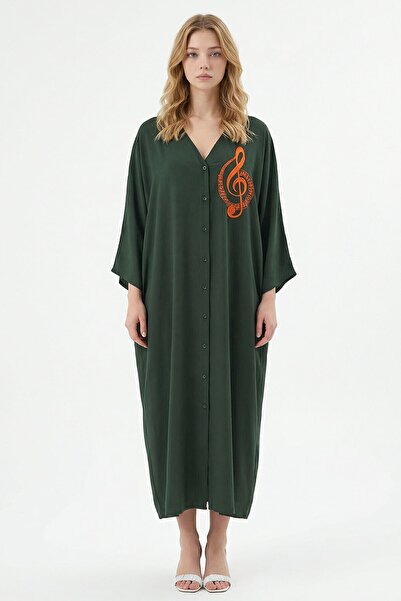 loia Γυναικείο φόρεμα με κέντημα χακί, μάξι μήκους, υφαντό από βισκόν, κομψό ...