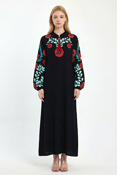 loia Γυναικείο μαύρο φόρεμα με κέντημα σε γιακά, μακρύ, υφαντό, κομψό φόρεμα ...