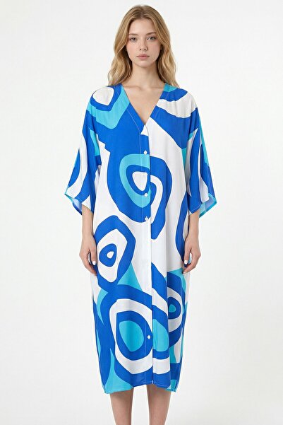 loia Γυναικείο φόρεμα με μπλε στάμπα, μάξι μήκους, υφαντό από βισκόζη, κομψό ...