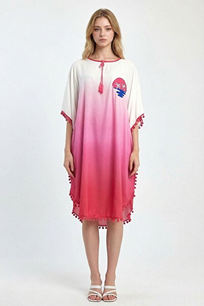 loia Γυναικείο ροζ κεντημένο φόρεμα με φούντες από υφαντό βισκόζη, κομψό φόρε...