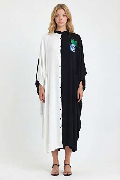 loia Women's Black and White Embroidered Maxi Length Woven Viscose Stylish Dr...