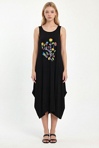 loia Γυναικείο μαύρο κεντημένο πλεκτό φόρεμα από βισκόζη L26-BCVL-251050