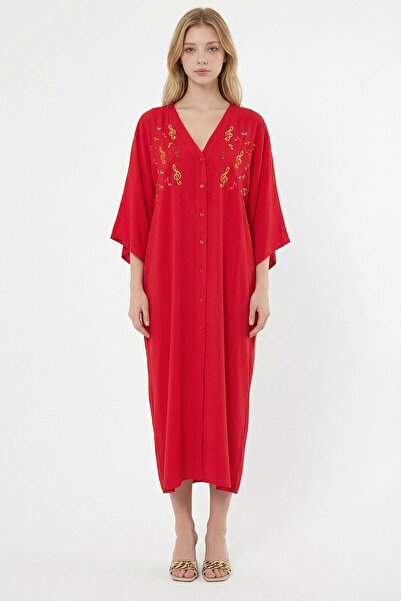 loia Γυναικείο φόρεμα με κόκκινο κέντημα, μάξι μήκους, υφαντό από βισκόζη, κο...