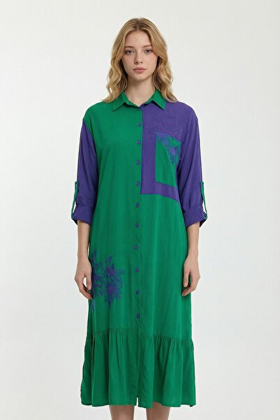 loia Γυναικείο πράσινο χρώμα μπλοκ με κέντημα, μακρύ υφαντό πουκάμισο, κομψό ...