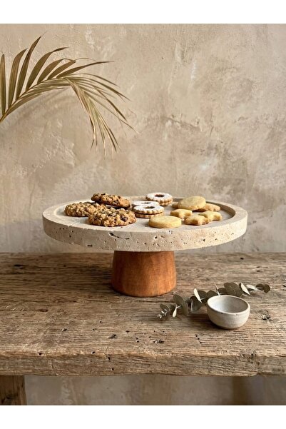 FARALYAHOME SUNUMLUK DOĞAL TRAVERTEN MERMER TEPSİ NATUREL AYAKLI 25X2 CM